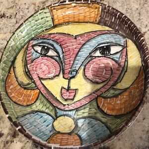 Hand-Painted Italian Colorful Abstract Face Ceramic Plate Art - Multicolor